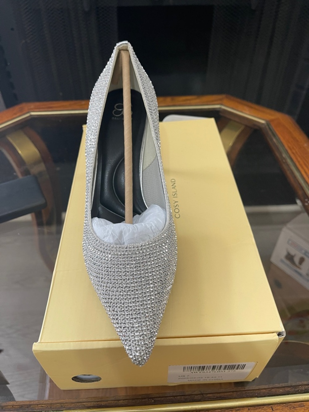 Silver Crystal Pointed Toe Pump with Metallic Heel - Picture 2 of 7